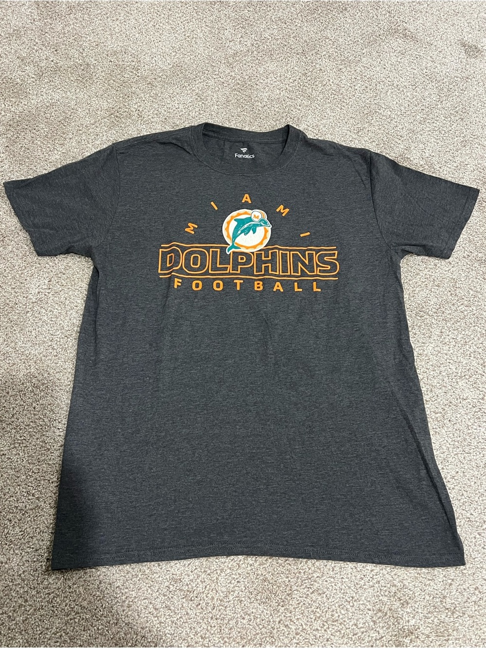 Fanatics Miami Dolphins Football Dark Gray Tee with Orange and Teal Logo